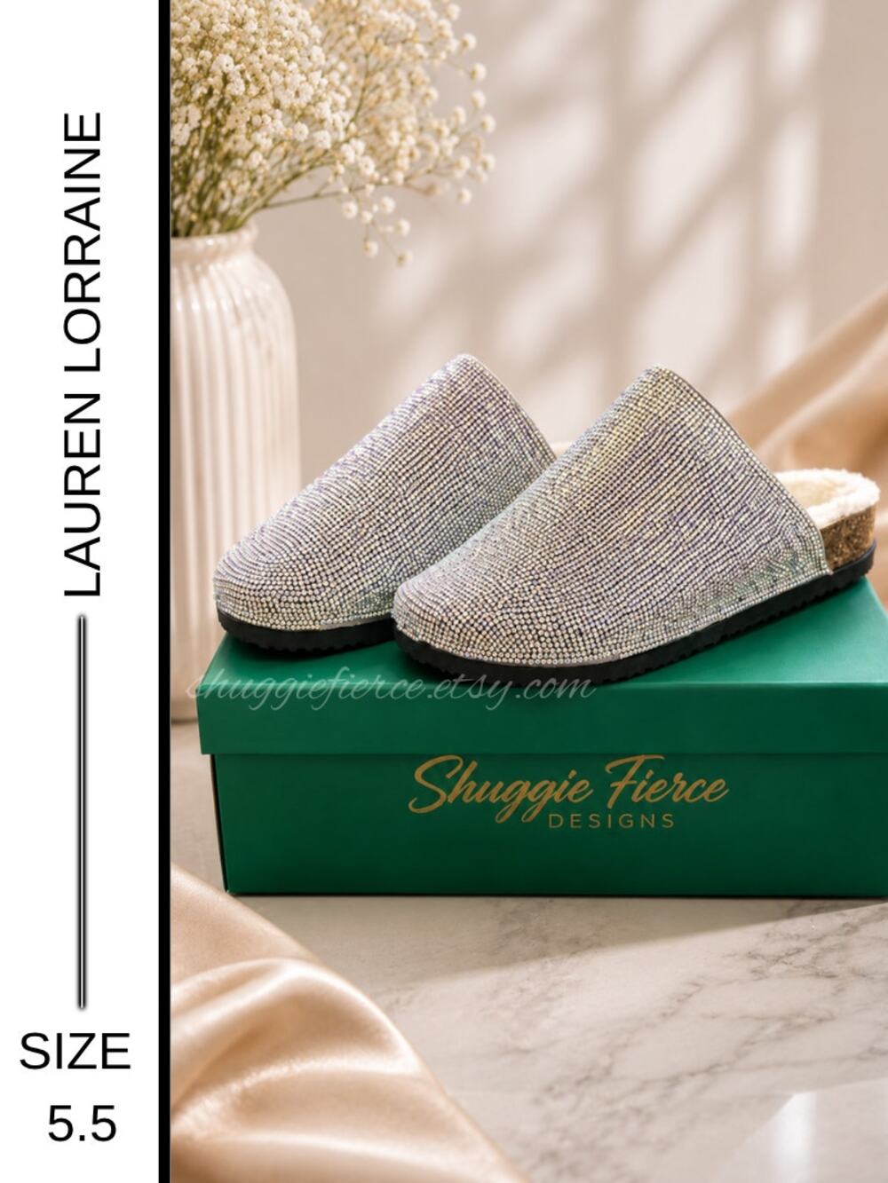 MSRP: $79 | ✨ Lauren Lorraine “Lizzie” Sparkly Fuzzy Slides – Size 5.5 | NIB ✨